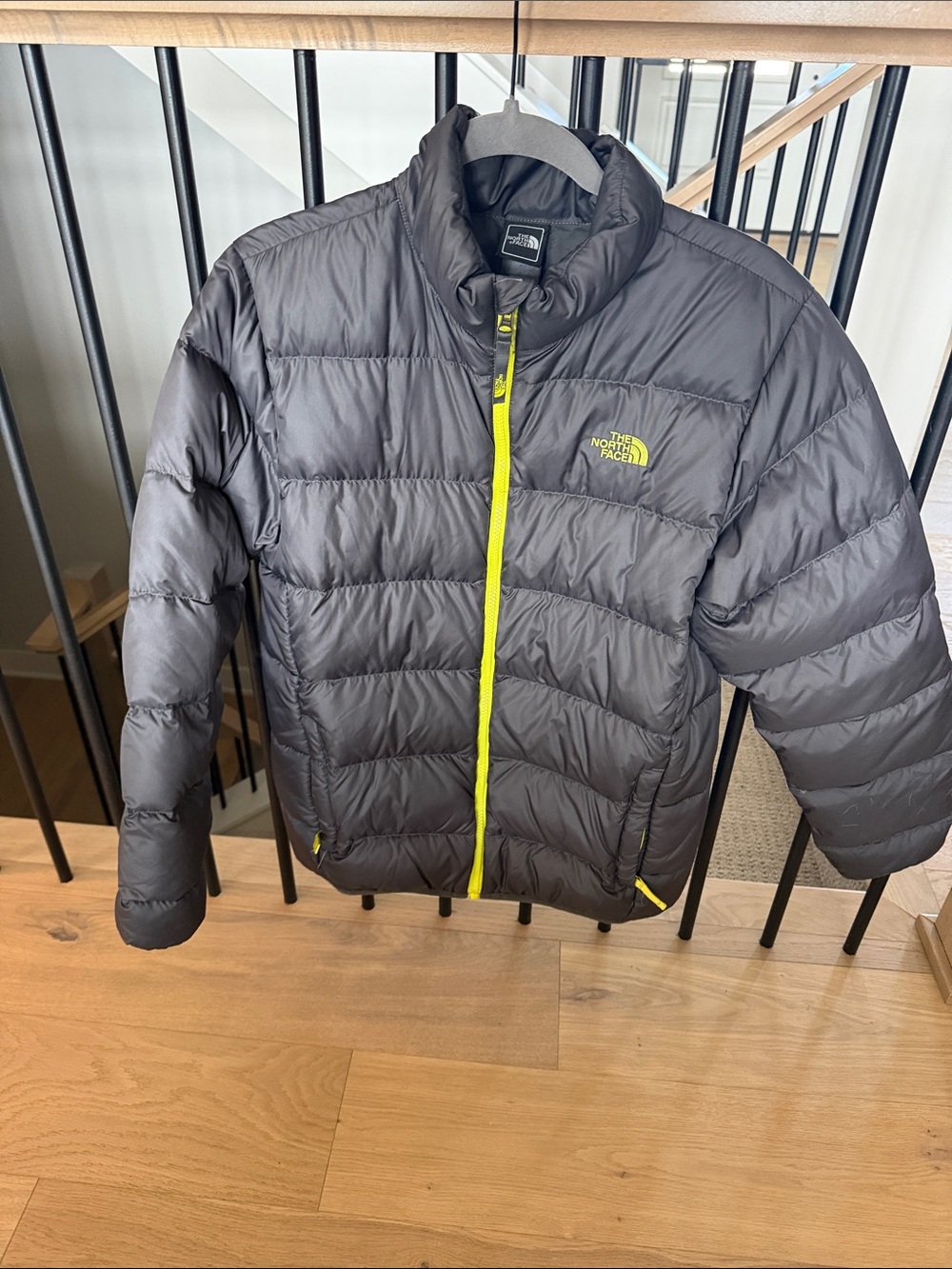 The North Face Kids Puff Jacket — Charcoal with Lime Trim